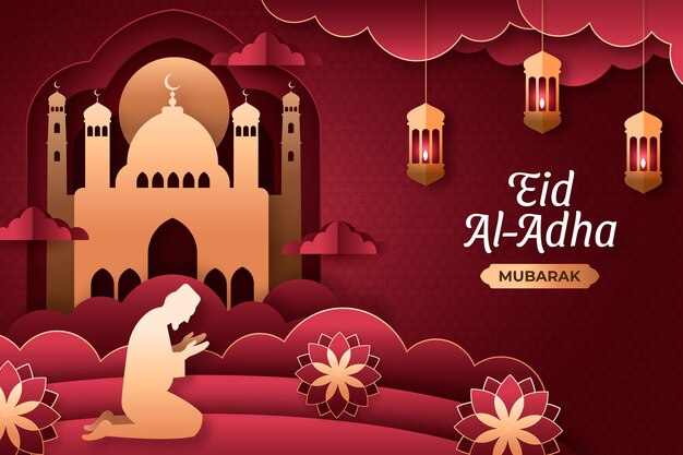 기도하는 남자와 종이 스타일 eid al-adha 배경