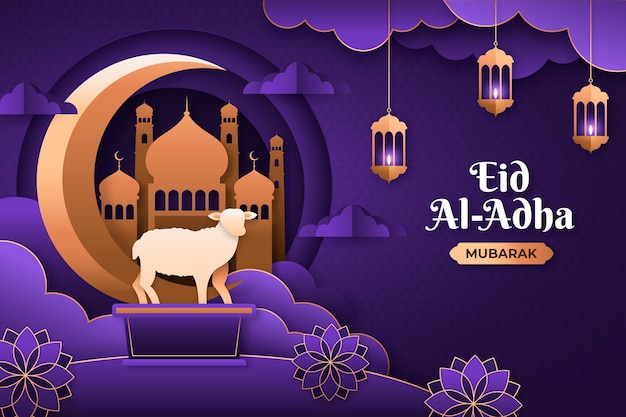 Бесплатное векторное изображение Бумажный стиль ид аль-адха фон с овцами и фонарями