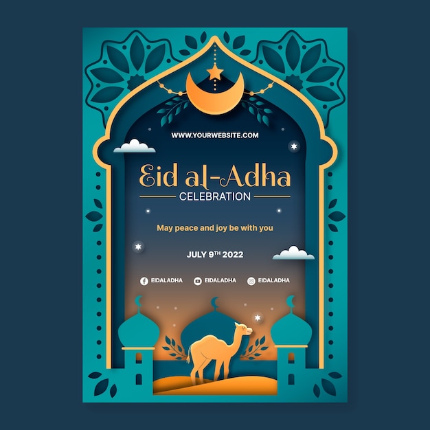 Vettore gratuito modello di poster verticale eid al-adha in stile carta