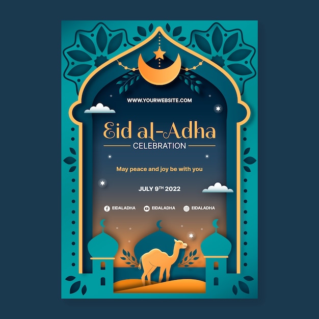 종이 스타일 eid al-adha 세로 포스터 템플릿