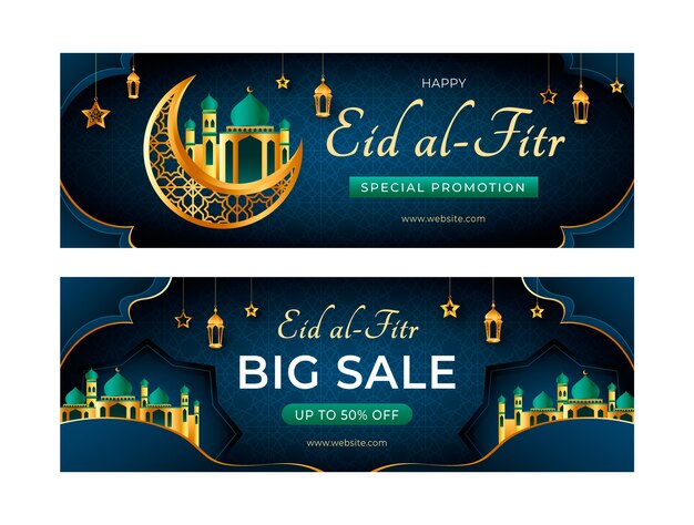 종이 스타일 eid al-fitr 가로 배너 팩