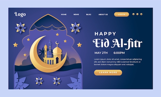 무료 벡터 종이 스타일 eid al-fitr 방문 페이지 템플릿