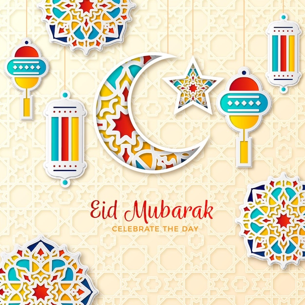 Paper style eid mubarak moon and candles with ornaments