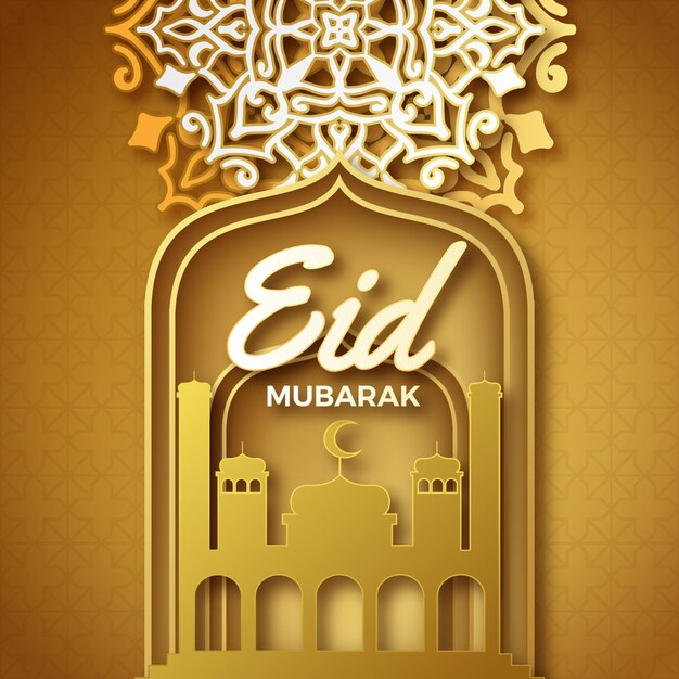 Free vector paper style eid mubarak with mosque and ornament