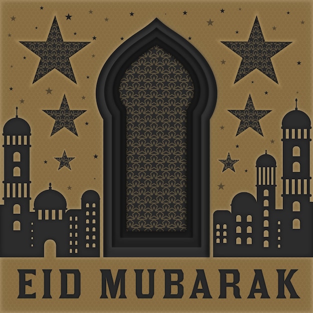 Free vector paper style eid mubarak with mosque