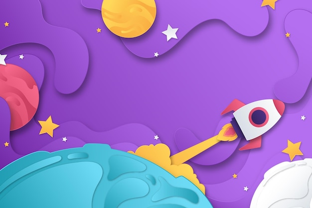 Paper style galaxy background with rocket