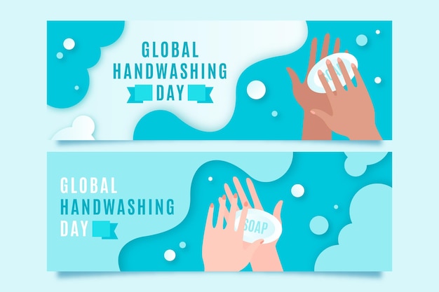 無料ベクター 紙のスタイルのグローバル手洗いの日水平バナーセット