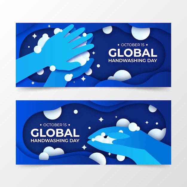 Paper style global handwashing day horizontal banners set