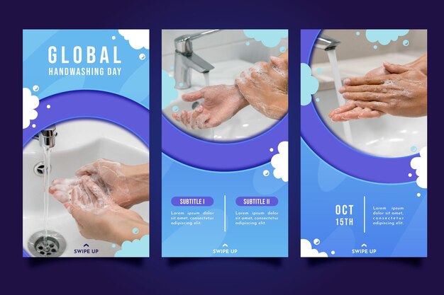 Коллекция историй instagram всемирный день мытья рук в бумажном стиле