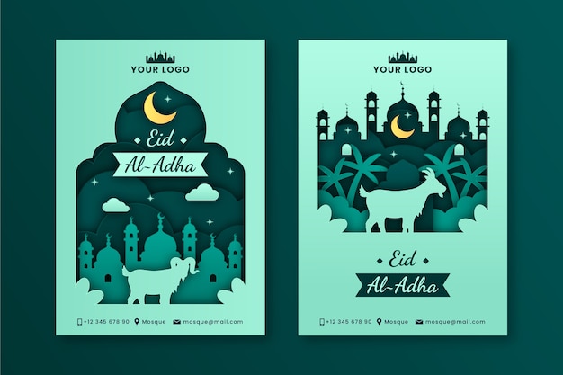 이슬람 eid al-adha 축하를 위한 종이 스타일 인사말 카드 컬렉션