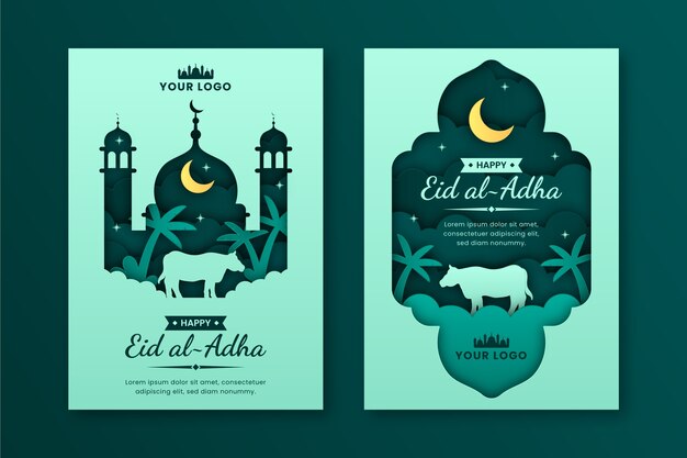 이슬람 eid al-adha 축하를 위한 종이 스타일 인사말 카드 컬렉션