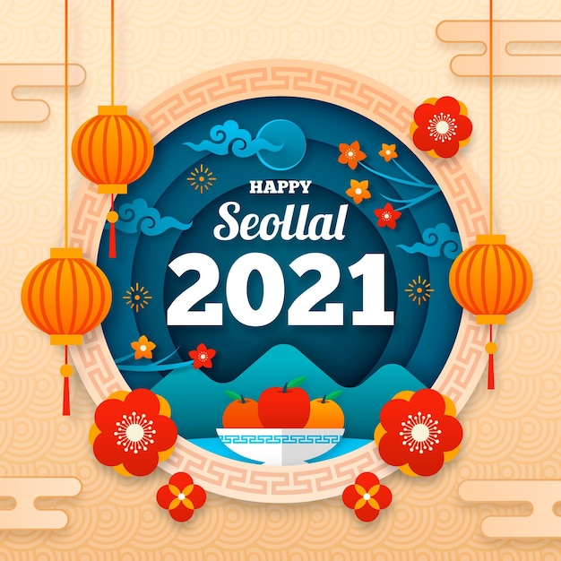 Paper style happy korean new year Free Vector