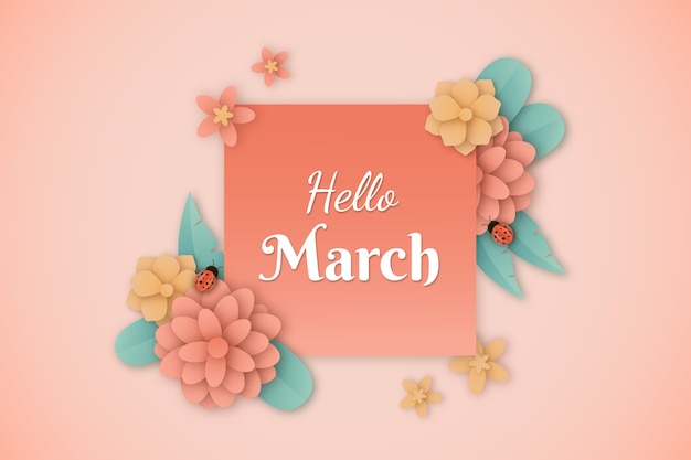 Paper style hello march horizontal banner or background