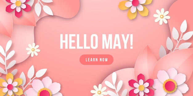 Free vector paper style hello may banner and background