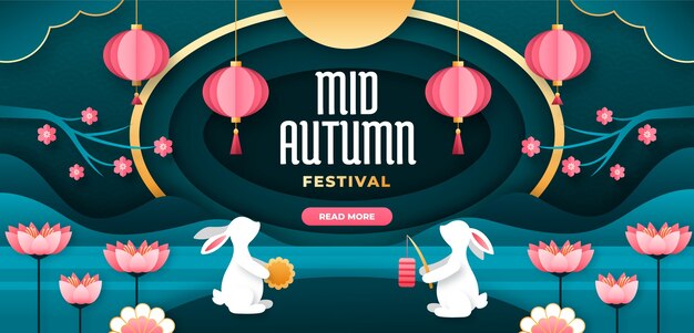 Paper style horizontal banner template for chinese mid-autumn festival celebration