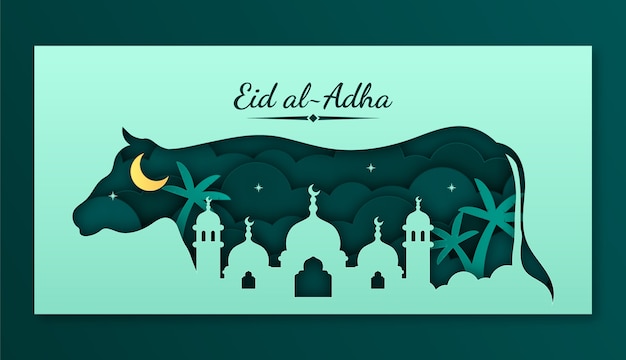 무료 벡터 이슬람 eid al-adha 축하를 위한 종이 스타일 가로 배너 템플릿