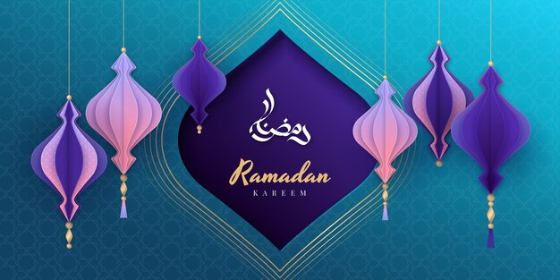 Шаблон горизонтального баннера в бумажном стиле для празднования рамадана