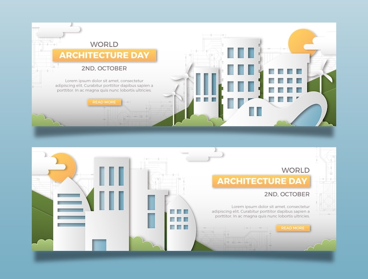 Free Vector paper style horizontal banner template for world architecture day celebration
