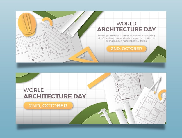 Free vector paper style horizontal banner template for world architecture day celebration