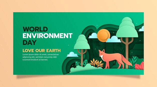 Vettore gratuito modello di banner orizzontale in stile carta per la celebrazione della giornata mondiale dell'ambiente