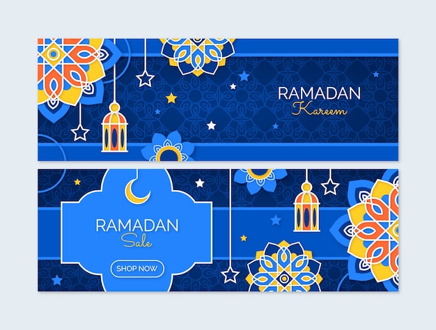 Vettore gratuito set di banner orizzontali in stile carta per la celebrazione del ramadan islamico