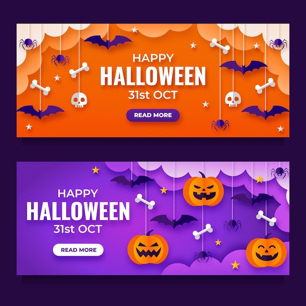 Free vector paper style horizontal halloween banners set