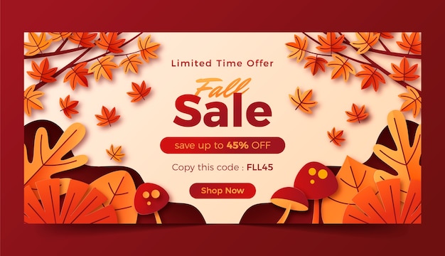 Free vector paper style horizontal sale banner template for fall season celebration