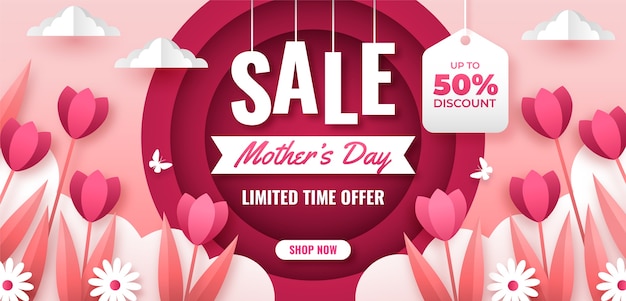 Free vector paper style horizontal sale banner template for mother's day celebration