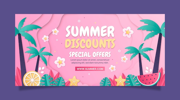Free vector paper style horizontal sale banner template for summertime