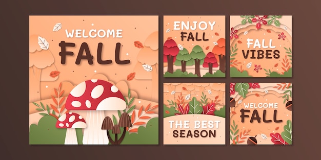 Vettore gratuito raccolta di post su instagram in stile cartaceo per la stagione autunnale