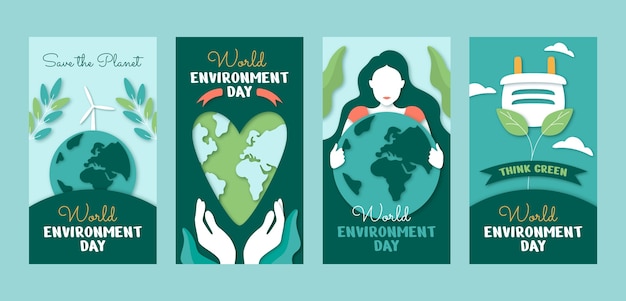 Free vector paper style instagram stories collection for world environment day celebration