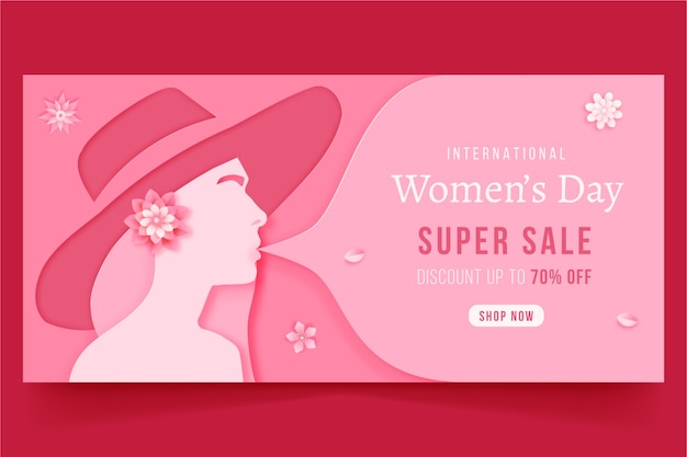 Banner orizzontale di vendita della giornata internazionale della donna in stile carta