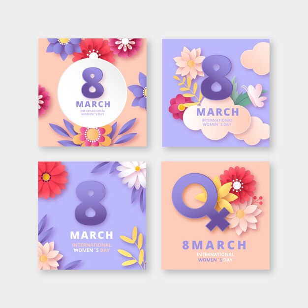 Paper style international women's day social media posts collection