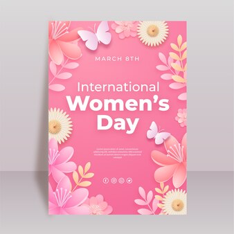 Шаблон вертикального флаера международного женского дня в бумажном стиле