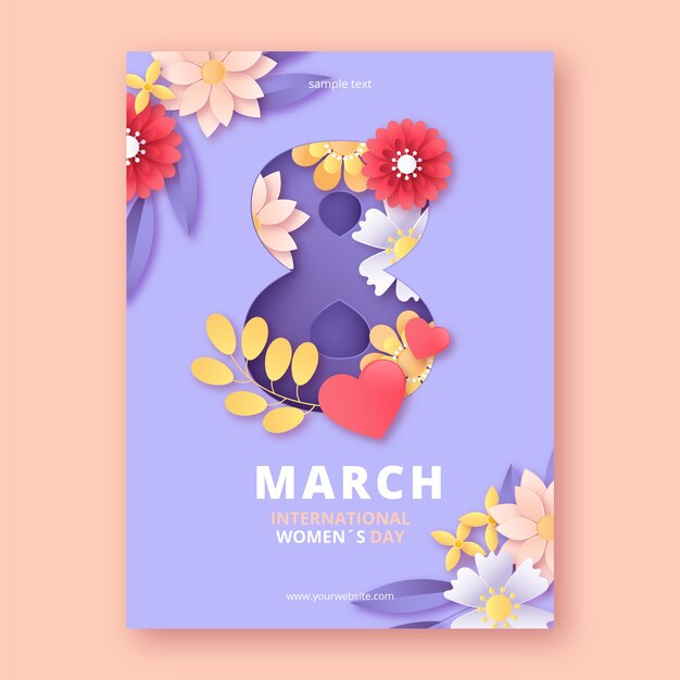 Шаблон вертикального плаката международного женского дня в бумажном стиле