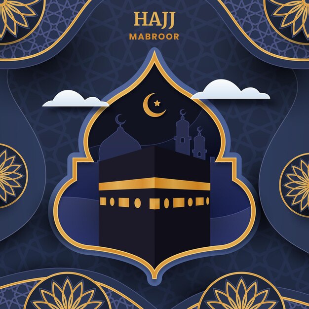 Paper style islamic hajj pilgrimage illustration