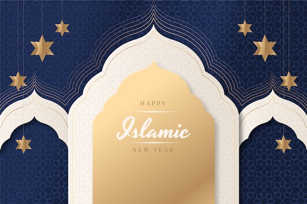 Vettore gratuito sfondo di capodanno islamico in stile carta con design arabo e stelle