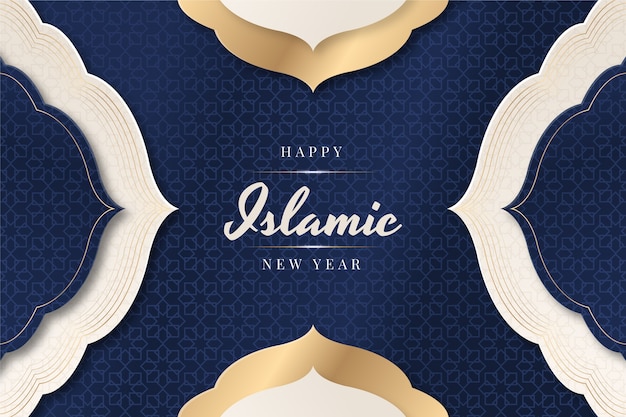 Paper style islamic new year background with arabic design