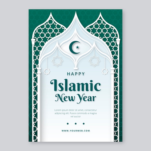Исламский новогодний плакат в бумажном стиле с полумесяцем и звездой