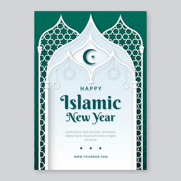 Paper style islamic new year poster template with crescent moon and star