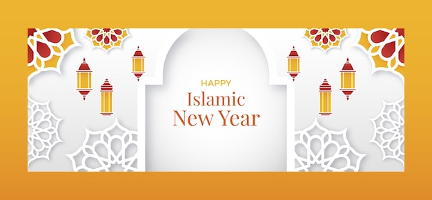無料ベクター 提灯と花で紙のスタイルのイスラムの新年のソーシャルメディアカバーテンプレート