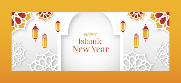 Free vector paper style islamic new year social media cover template with lanterns and flowers