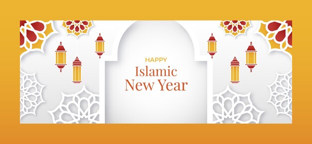 Paper style islamic new year social media cover template with lanterns and flowers