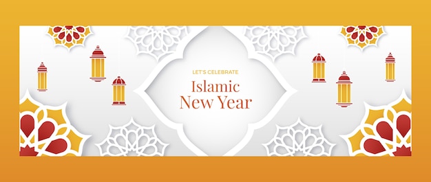Бесплатное векторное изображение Исламский новогодний заголовок твиттера в бумажном стиле с фонарями и цветами