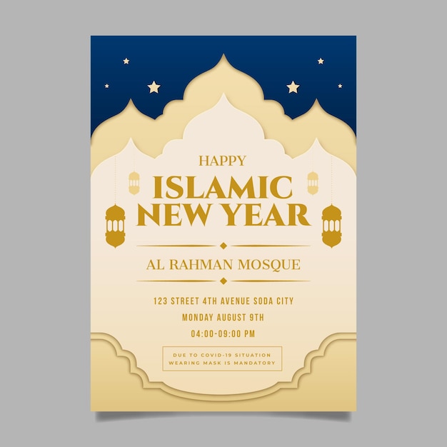 Modello di poster verticale del capodanno islamico in stile carta paper