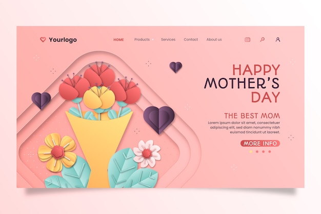 Free vector paper style landing page template for mother's day celebration