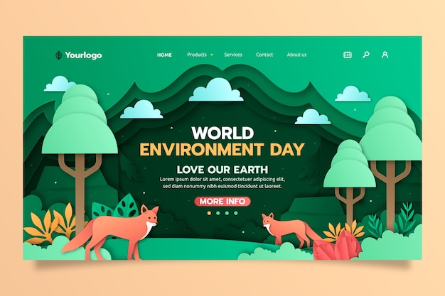 Шаблон целевой страницы в бумажном стиле для празднования всемирного дня окружающей среды