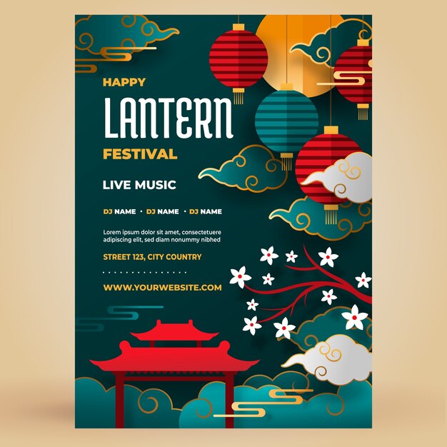Вертикальный плакат фестиваля фонарей в бумажном стиле