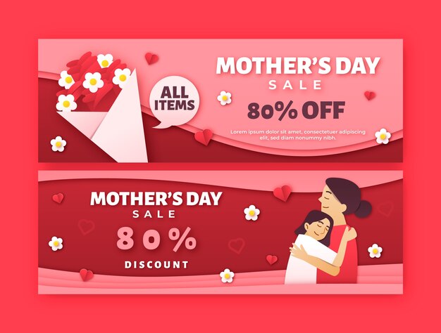 Paper style mother's day sale horizontal banners pack