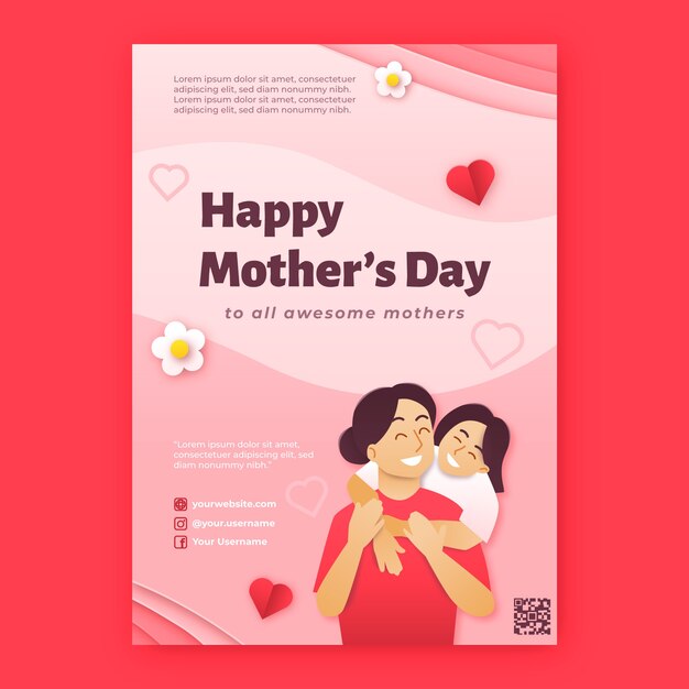 Modello di poster verticale per la festa della mamma in stile carta